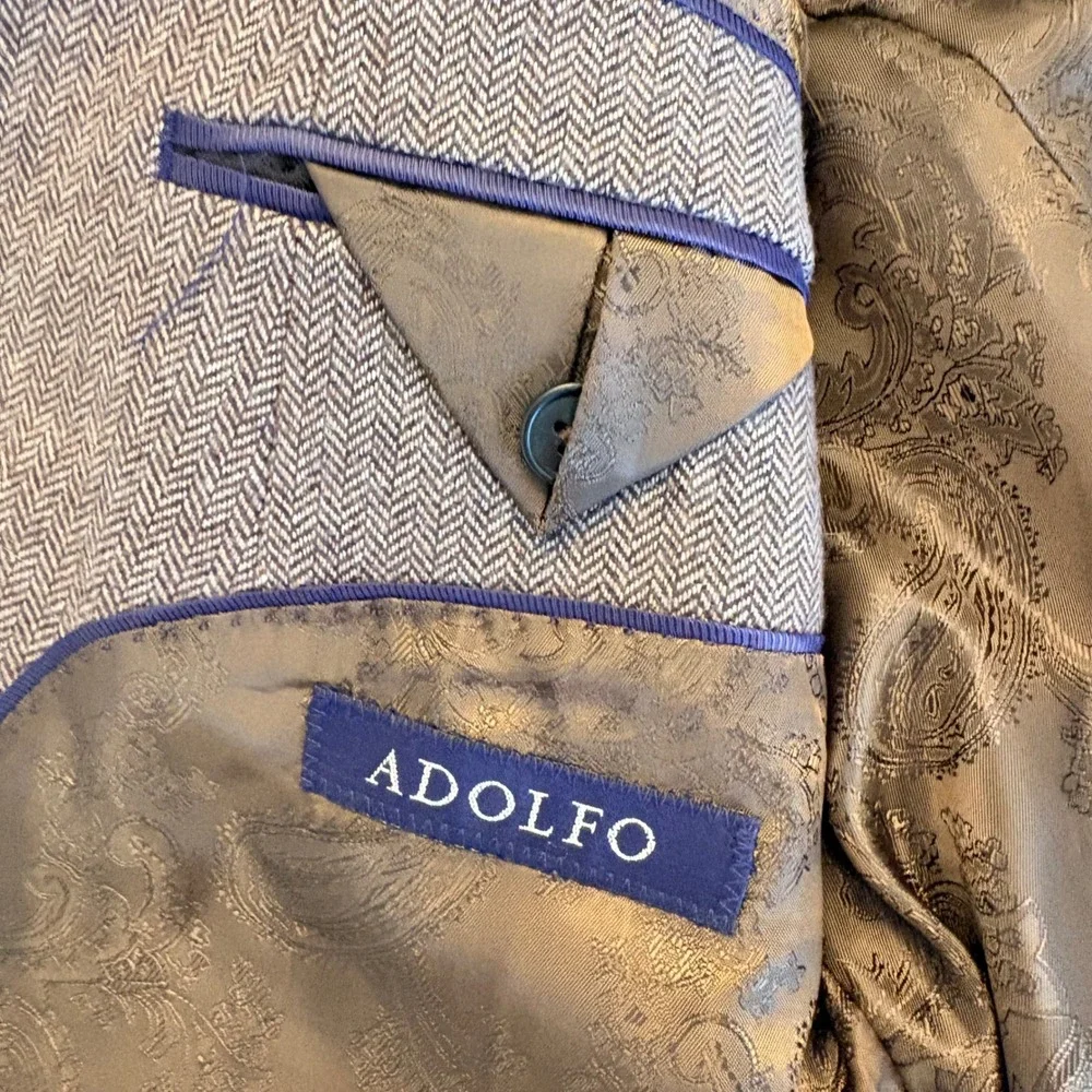 Adolfo Mens 44 Short Brown Herringbone 100% Lambswool Blazer Sport Coat Jacket